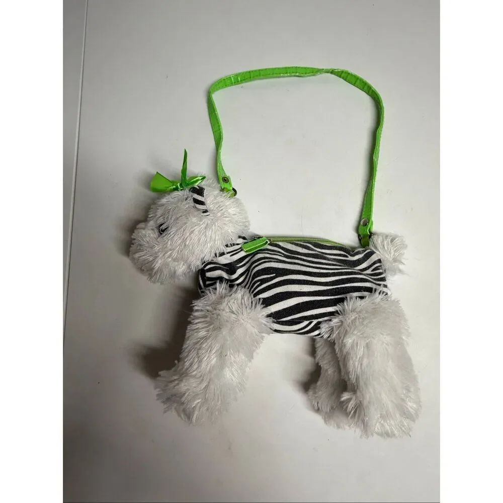 Girls Retro Hippie Dog Peace Sign White Fuzzy Dog Purse Zebra Stripe Retro Decor